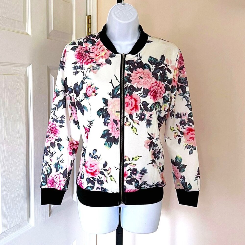 EQ Floral Print Lightweight Zip Up Bomber Jacket Baseball Coat Ivory/Pink Size M